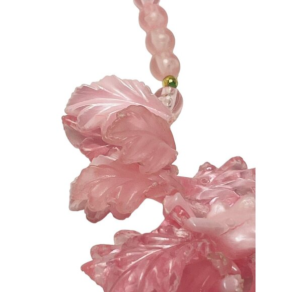 Pink Molded Lucite Leaf Frosted Bead Runway Couture Necklace 24”